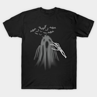 Halloween Black Tee, Ghost with Skeleton , Bats in the Background T-Shirt